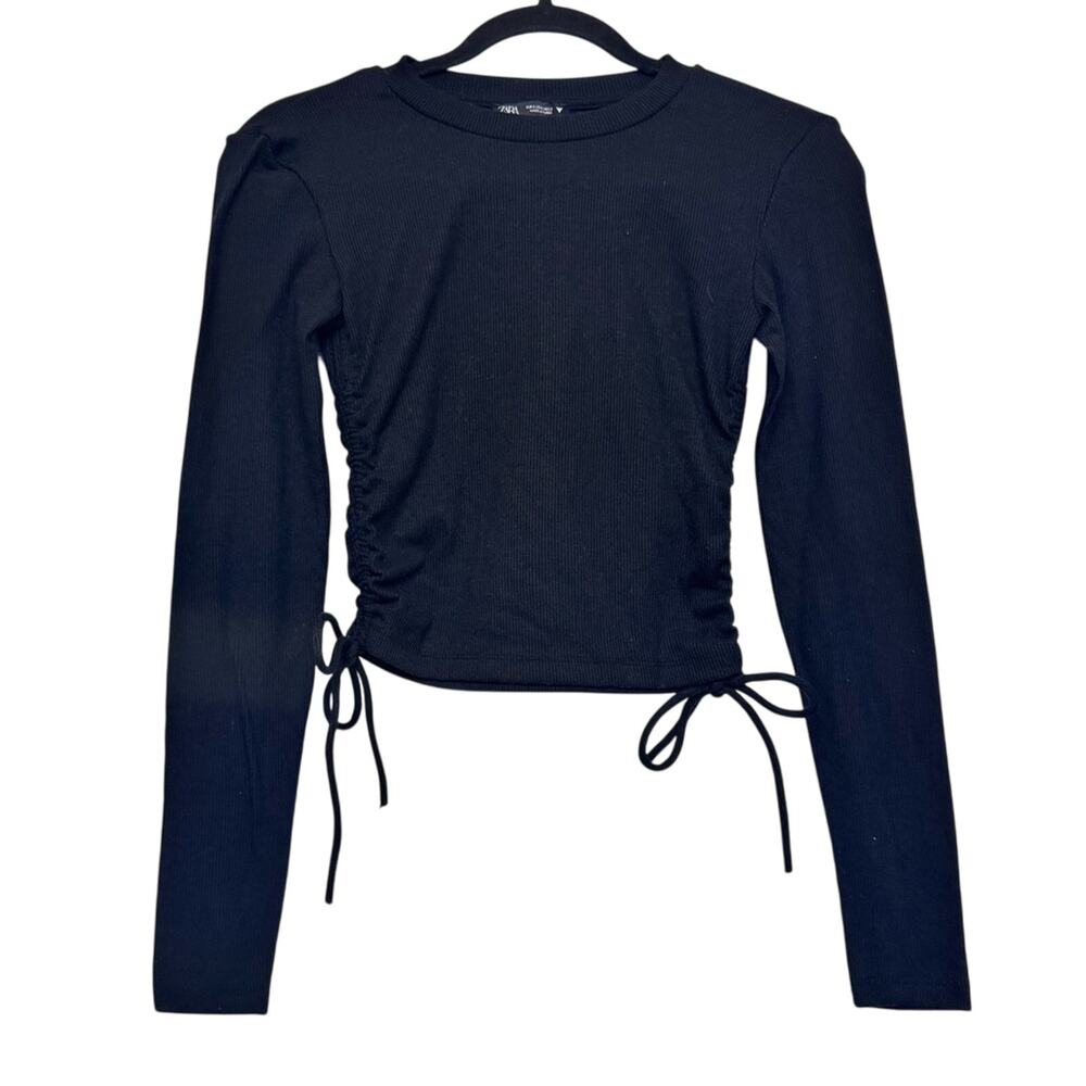 ZARA Black Ribbed Long Sleeve Ruched Drawstring Side Top Womens Small Minimalist